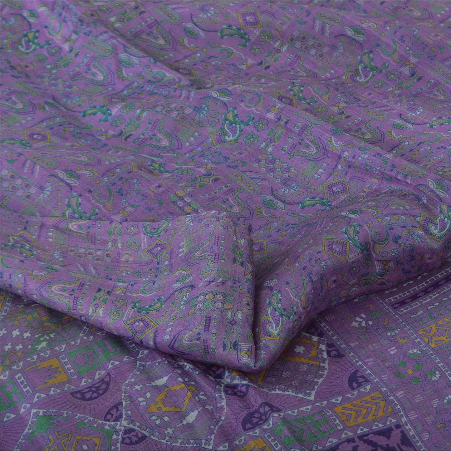 Sanskriti Vintage Sarees Purple 100% Pure Silk Printed Sari 5+yd Craft Fabric