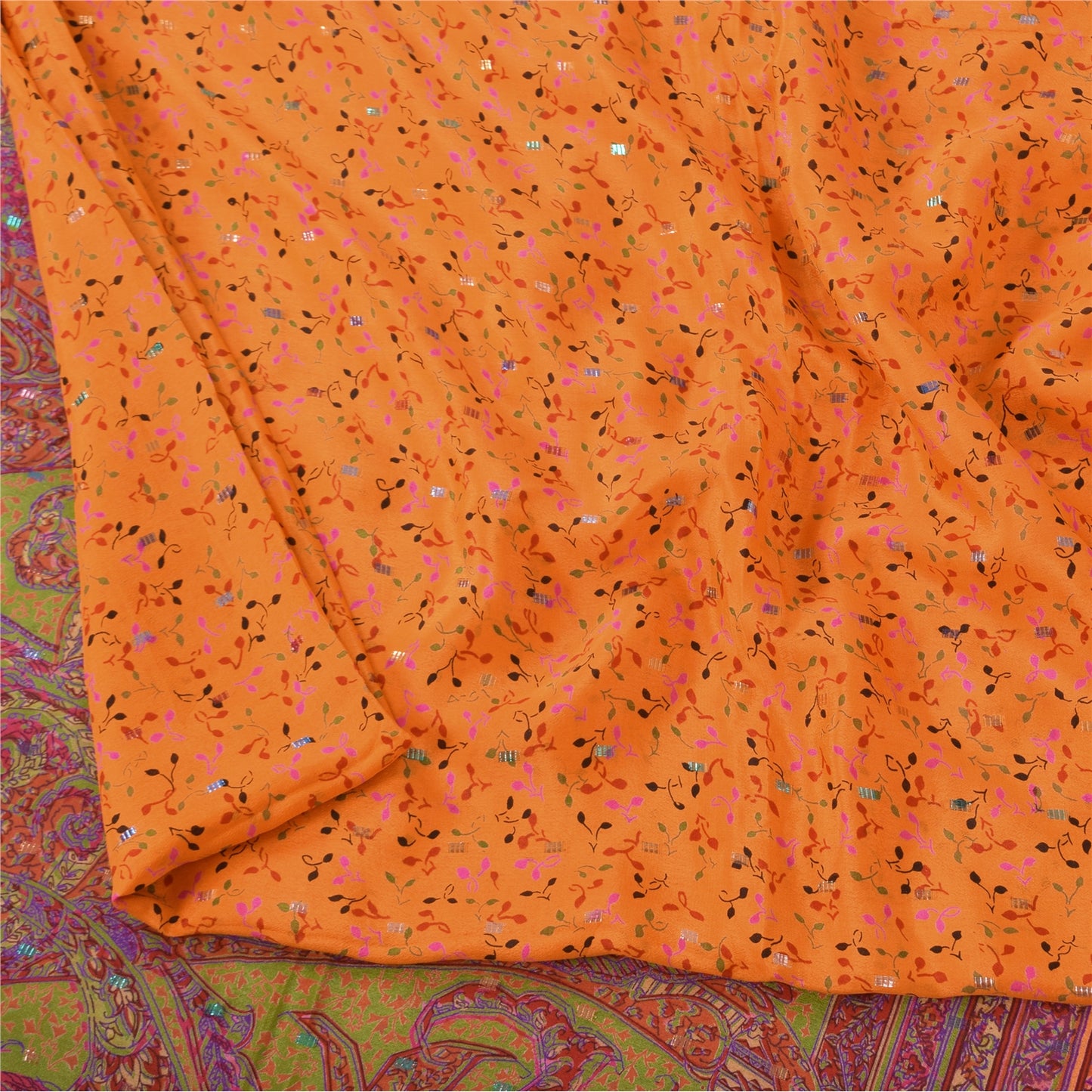 Sanskriti Vintage Sarees Orange Pure Silk Printed Woven Sari 5+yd Craft Fabric