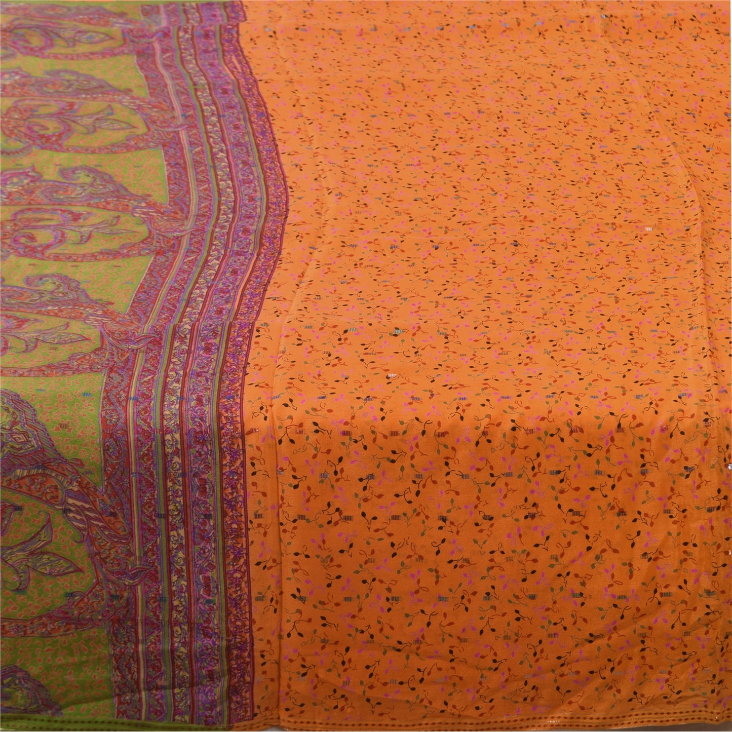 Sanskriti Vintage Sarees Orange Pure Silk Printed Woven Sari 5+yd Craft Fabric