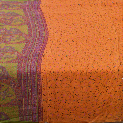 Sanskriti Vintage Sarees Orange Pure Silk Printed Woven Sari 5+yd Craft Fabric