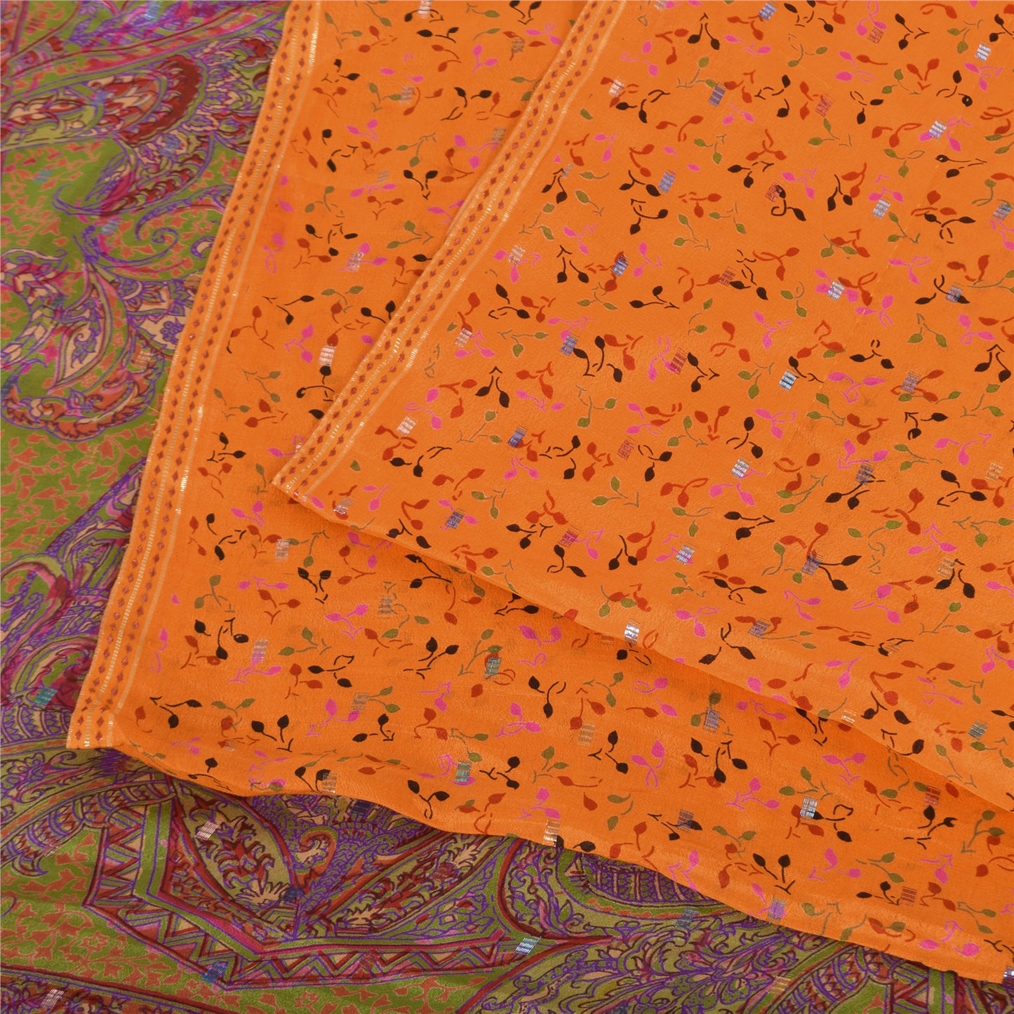 Sanskriti Vintage Sarees Orange Pure Silk Printed Woven Sari 5+yd Craft Fabric