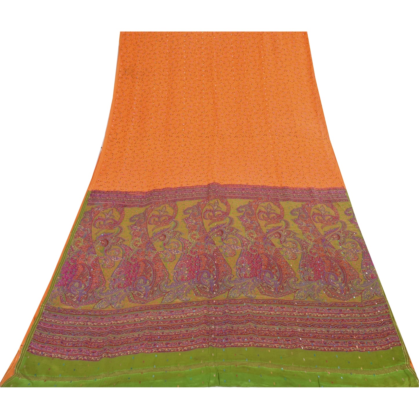 Sanskriti Vintage Sarees Orange Pure Silk Printed Woven Sari 5+yd Craft Fabric