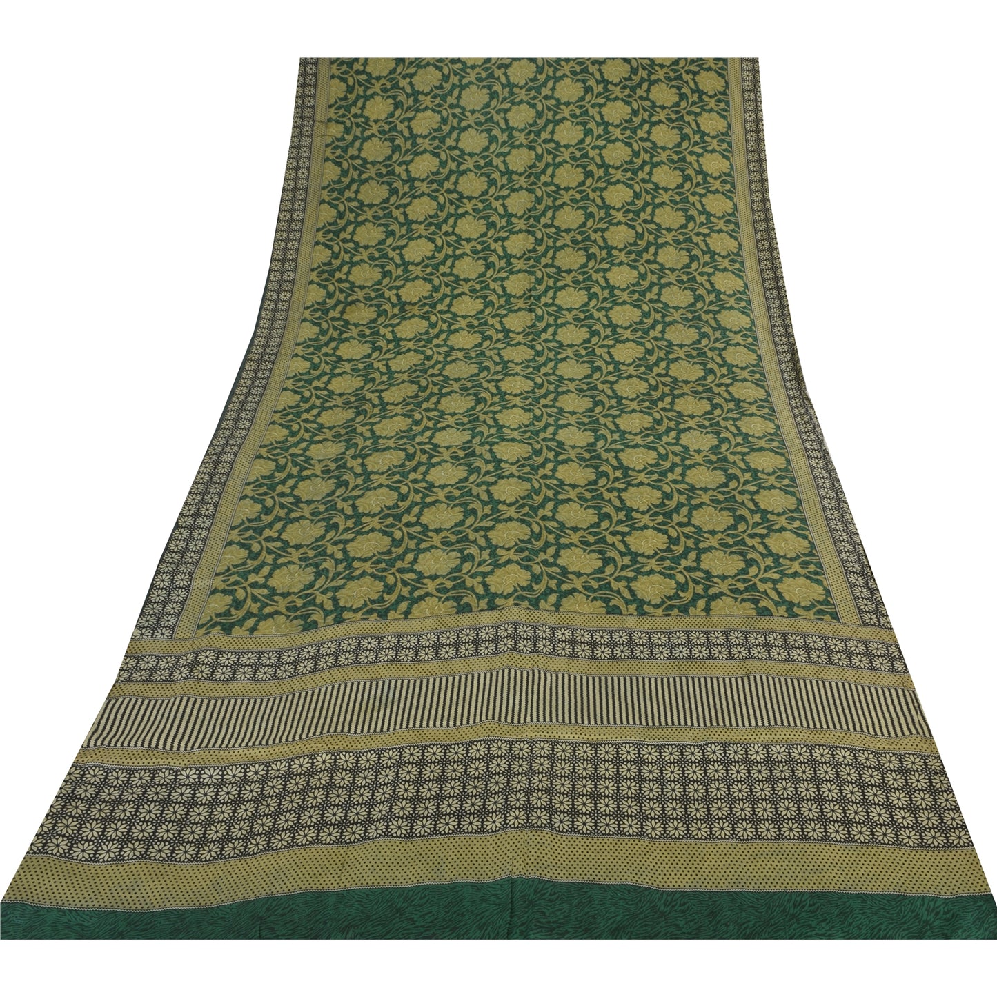 Sanskriti Vintage Sarees Indian Green Pure Silk Printed Sari 5+yd Craft Fabric