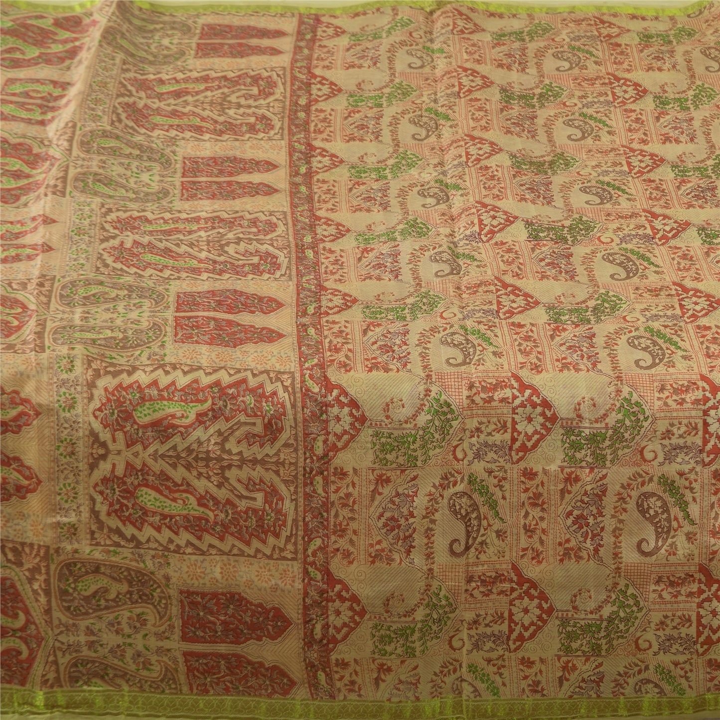 Sanskriti Vintage Sarees Beige Indian Pure Silk Printed Sari 6+yd Craft Fabric