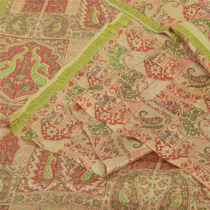 Sanskriti Vintage Sarees Beige Indian Pure Silk Printed Sari 6+yd Craft Fabric