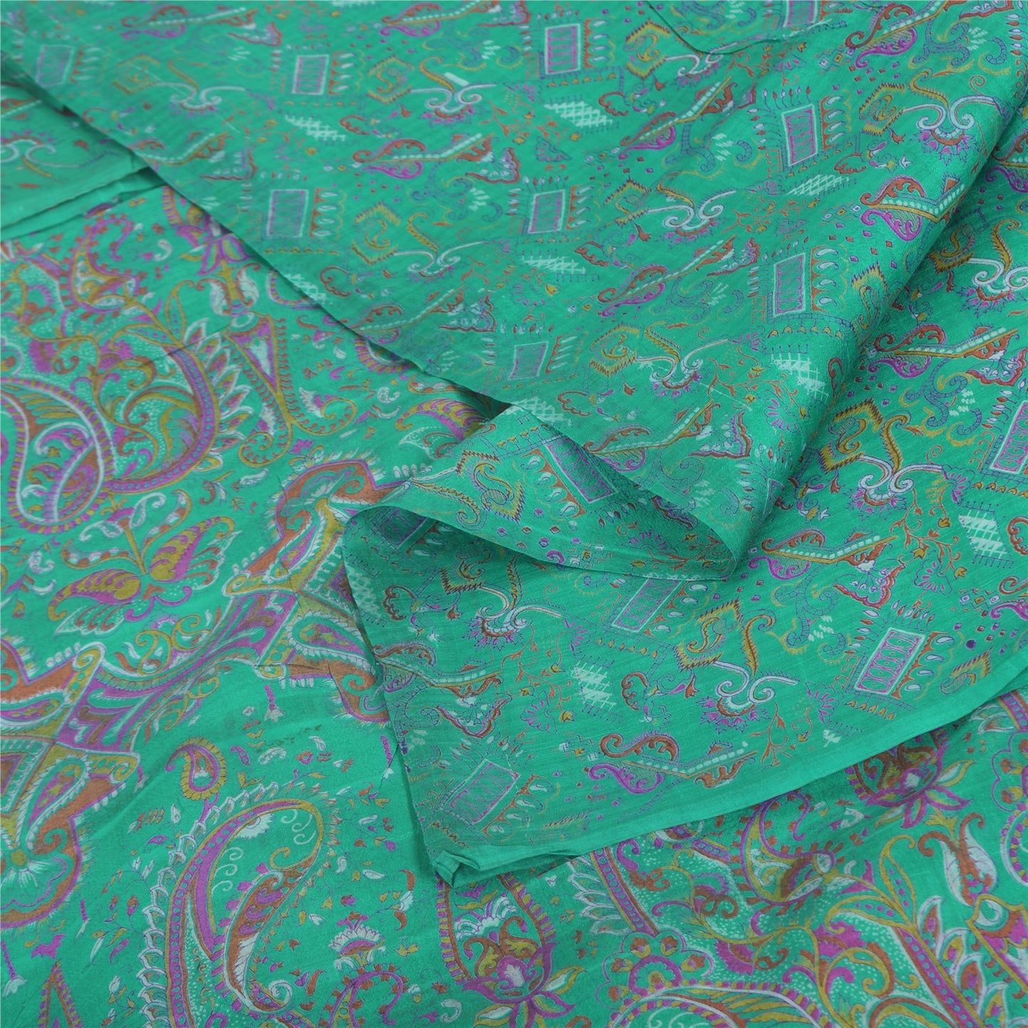 Sanskriti Vintage Sarees Sea-Green 100% Pure Silk Printed Sari 5+yd Craft Fabric