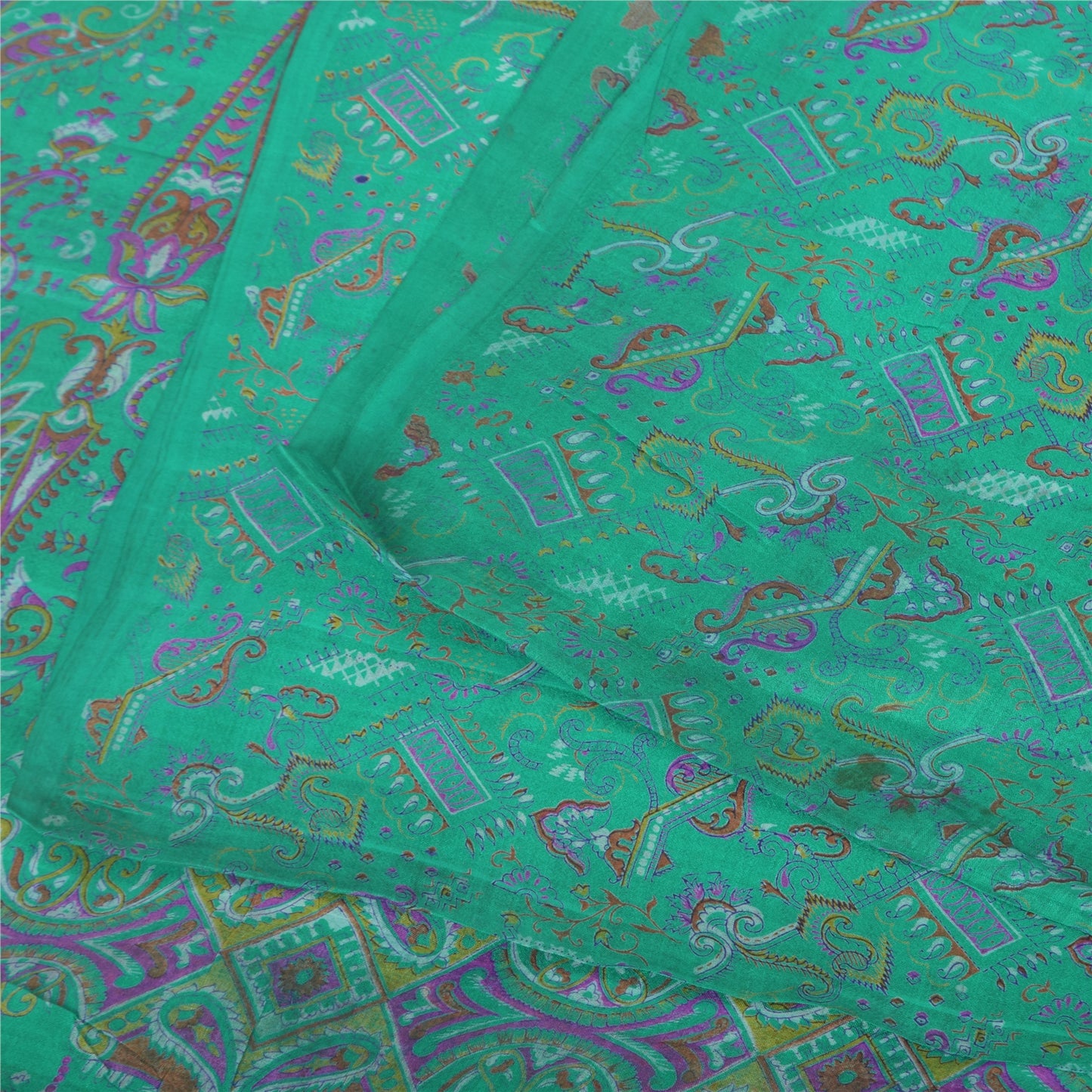 Sanskriti Vintage Sarees Sea-Green 100% Pure Silk Printed Sari 5+yd Craft Fabric