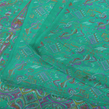 Sanskriti Vintage Sarees Sea-Green 100% Pure Silk Printed Sari 5+yd Craft Fabric