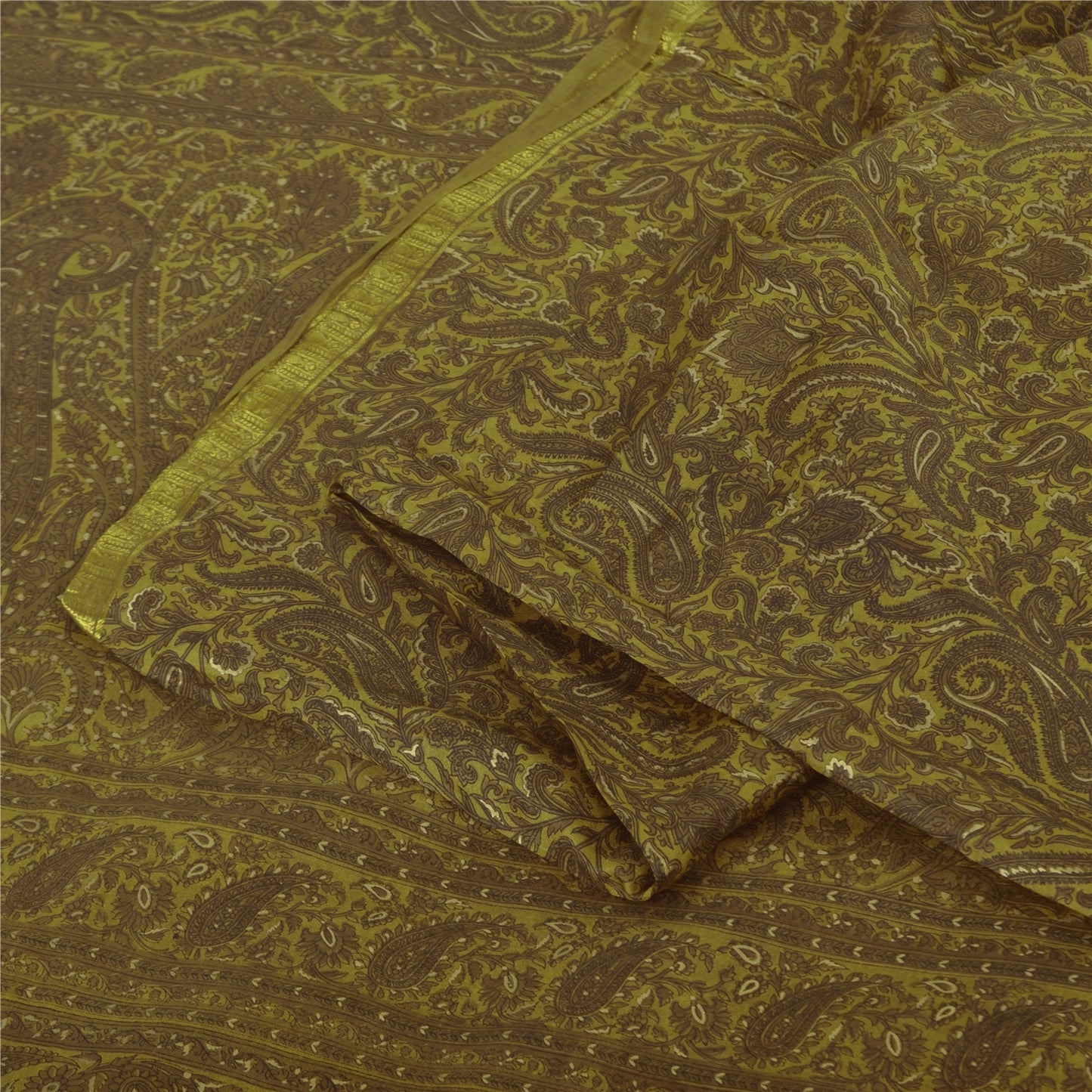 Sanskriti Vintage Sarees Green Zari Woven Pure Silk Print Sari 6+yd Craft Fabric