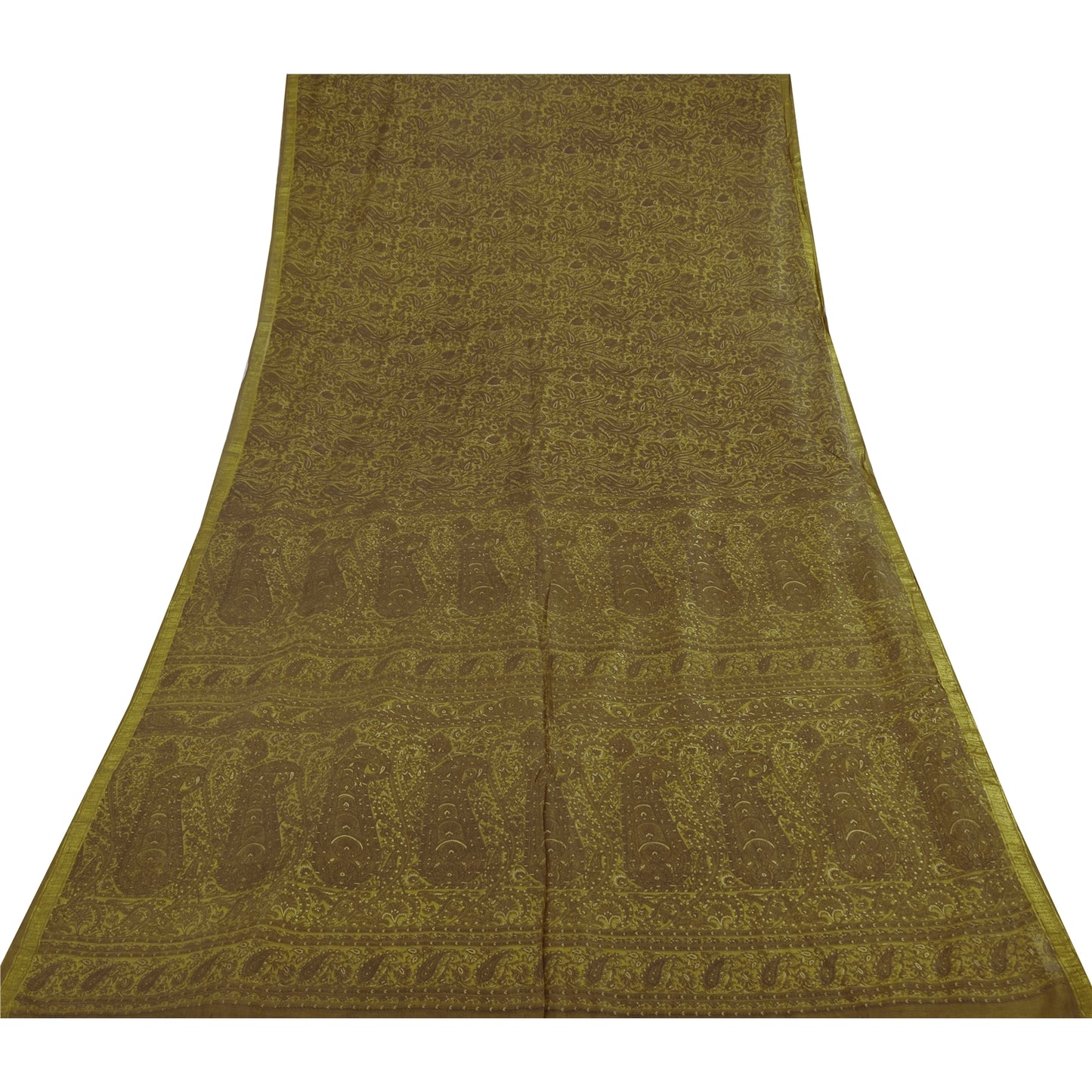 Sanskriti Vintage Sarees Green Zari Woven Pure Silk Print Sari 6+yd Craft Fabric