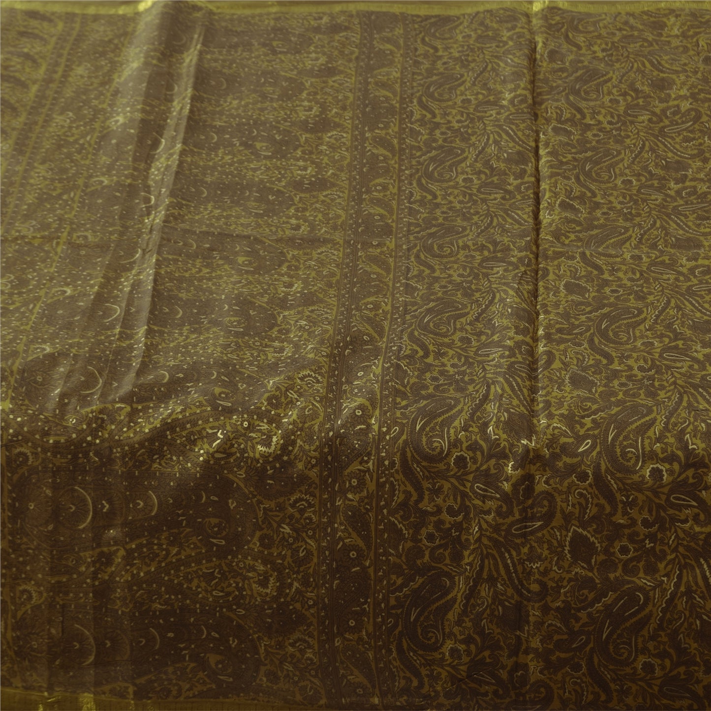 Sanskriti Vintage Sarees Green Zari Woven Pure Silk Print Sari 6+yd Craft Fabric