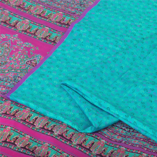 Sanskriti Vintage Sarees Turquoise 100% Pure Silk Printed Sari 5+yd Craft Fabric