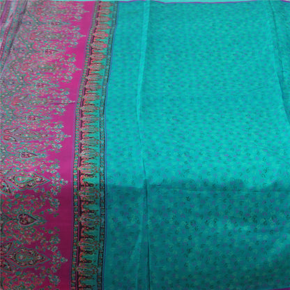 Sanskriti Vintage Sarees Turquoise 100% Pure Silk Printed Sari 5+yd Craft Fabric