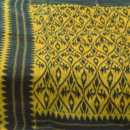 Sanskriti Vintage Sarees Yellow/Black Pure Silk Ikat Printed Sari 6+yd Fabric