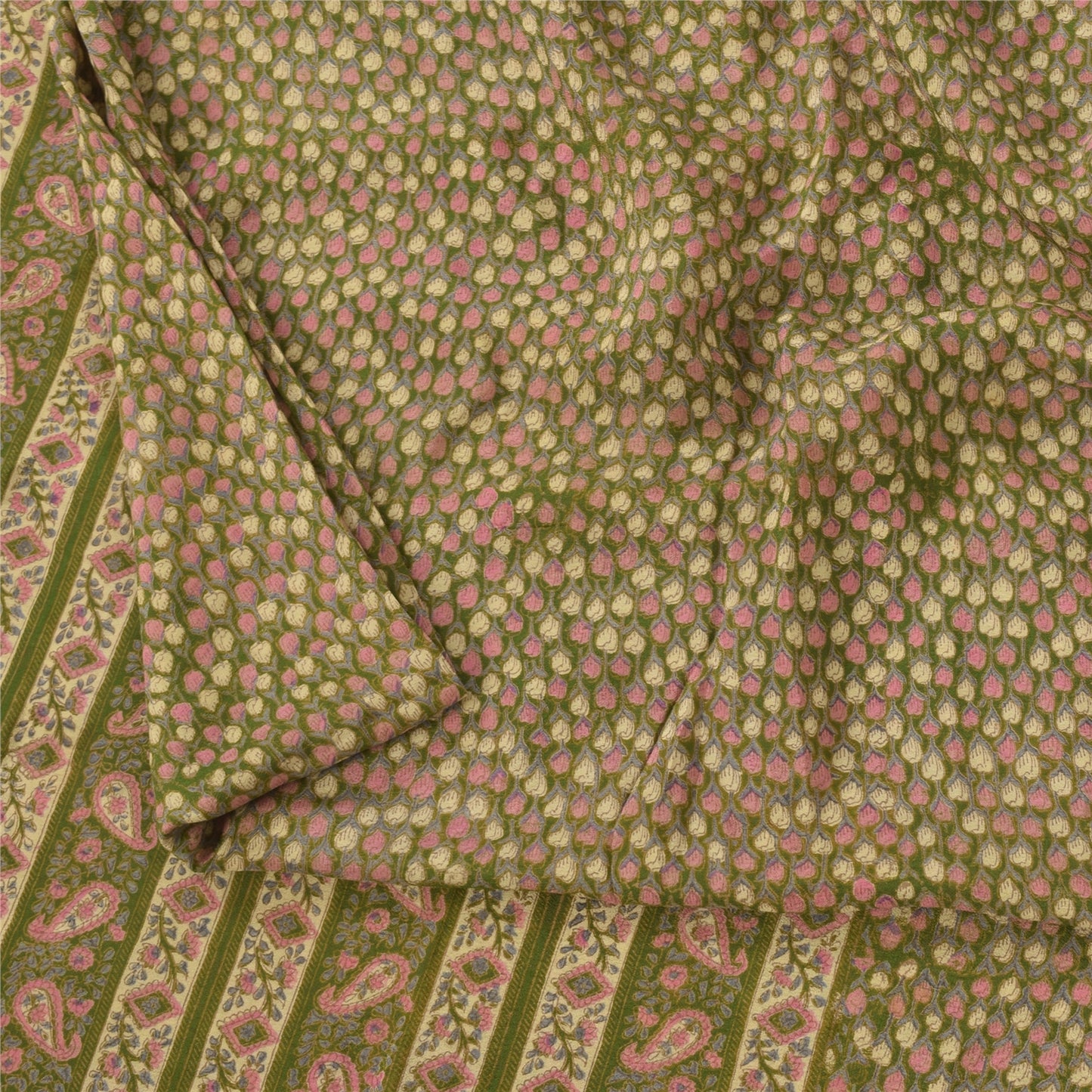 Sanskriti Vintage Sarees Indian Green Pure Silk Printed Sari 5+yd Craft Fabric