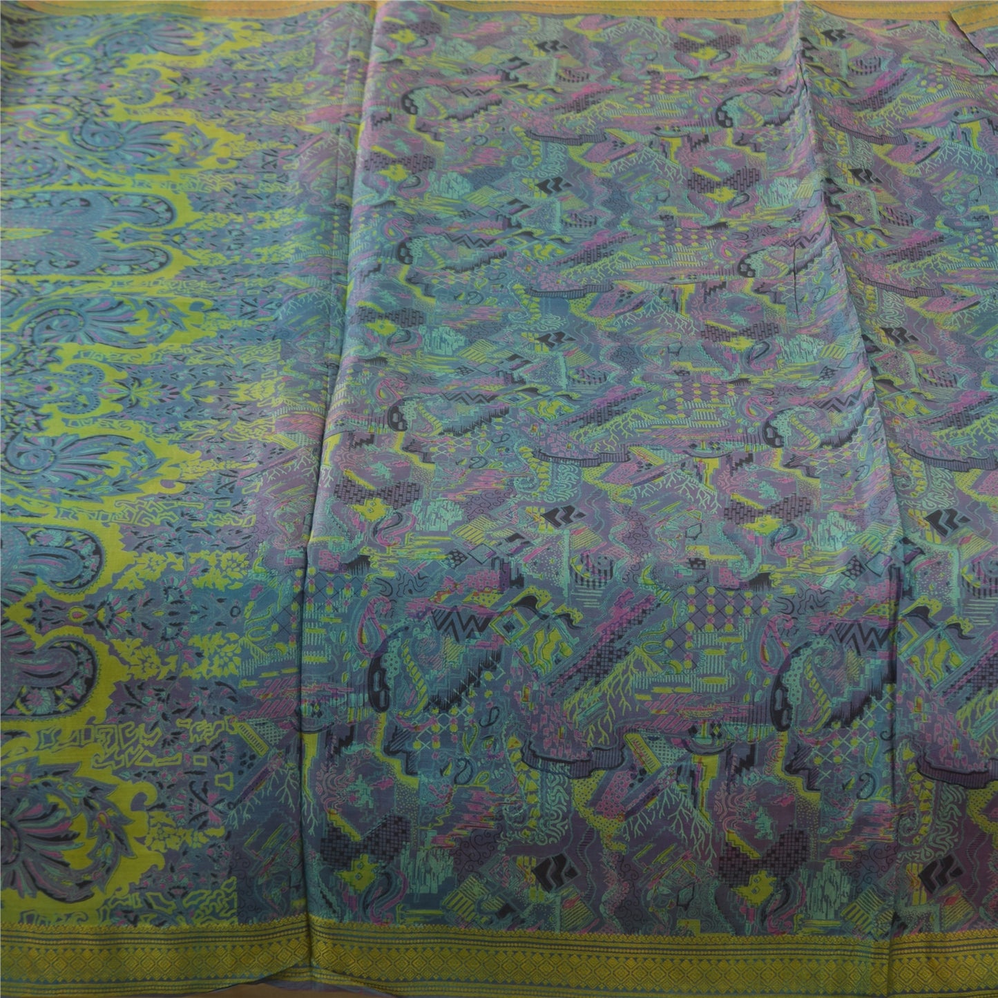 Sanskriti Vintage Sarees Blue Woven BorderPure Silk Print Sari 5+yd Craft Fabric