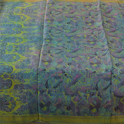 Sanskriti Vintage Sarees Blue Woven BorderPure Silk Print Sari 5+yd Craft Fabric