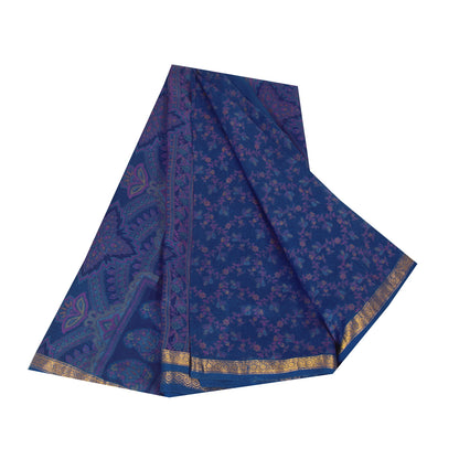 Sanskriti Vintage Sarees Blue Zari Border Pure Silk Print Sari 5+yd Craft Fabric