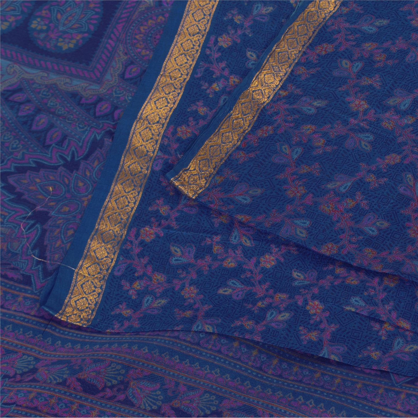 Sanskriti Vintage Sarees Blue Zari Border Pure Silk Print Sari 5+yd Craft Fabric