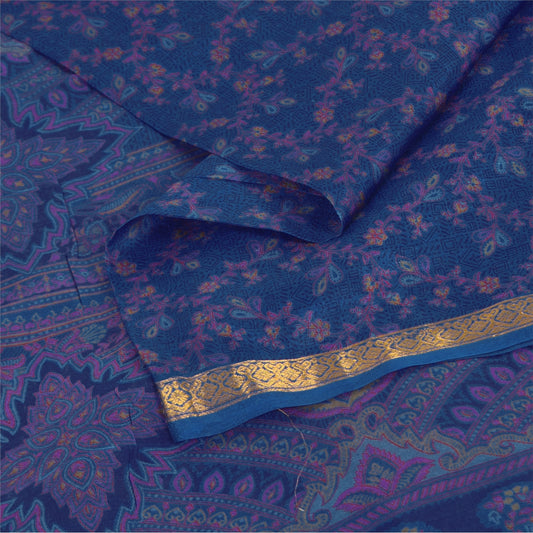 Sanskriti Vintage Sarees Blue Zari Border Pure Silk Print Sari 5+yd Craft Fabric