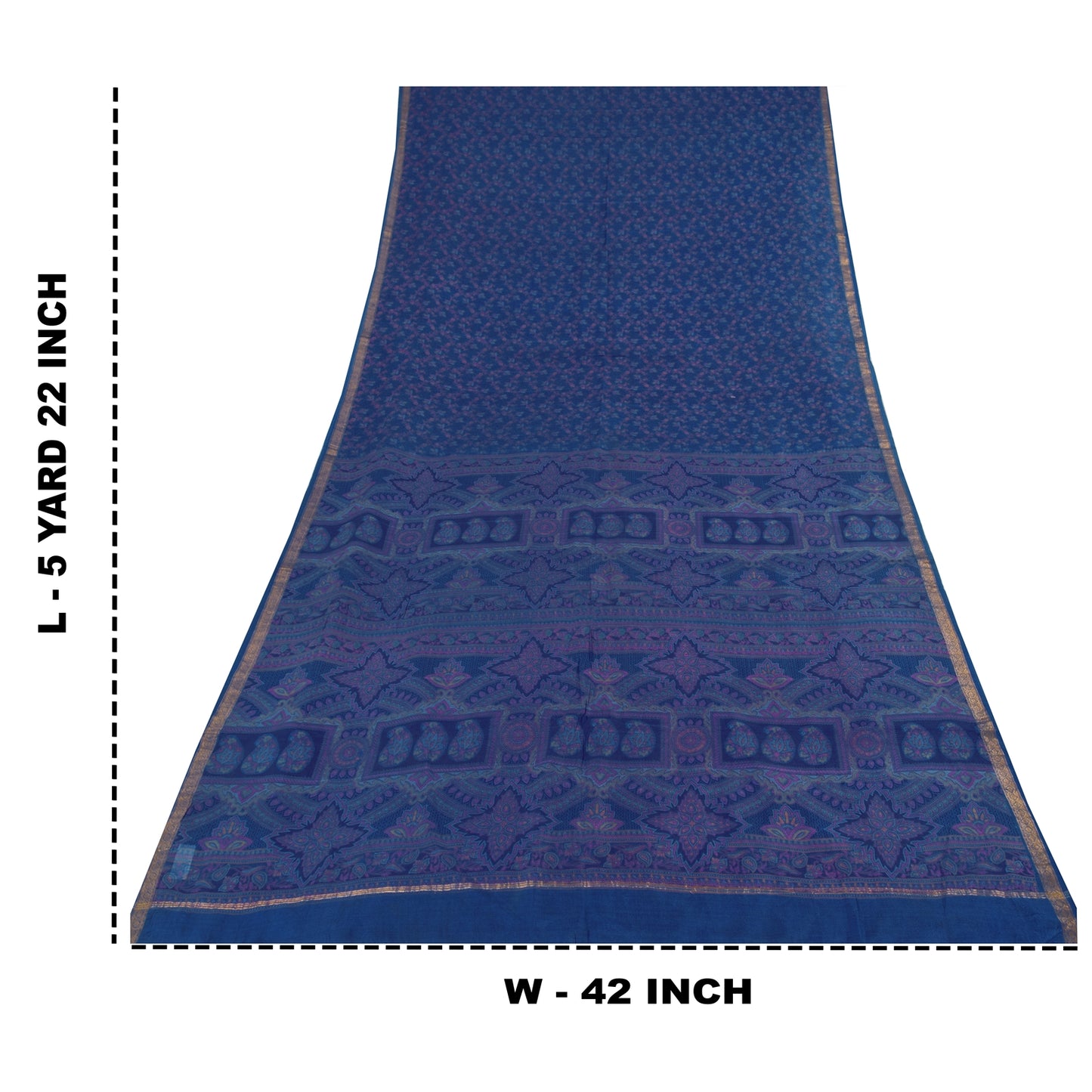 Sanskriti Vintage Sarees Blue Zari Border Pure Silk Print Sari 5+yd Craft Fabric