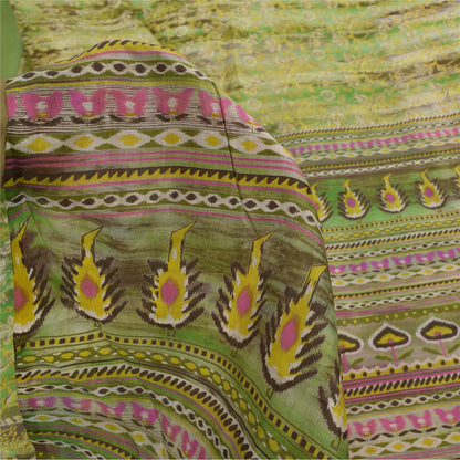 Sanskriti Vintage Sarees Green Indian Pure Silk Printed Sari 6+yd Craft Fabric