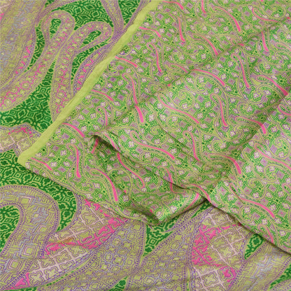 Sanskriti Vintage Sarees Green/Pink Pure Silk Printed Sari 6+yd Craft Fabric