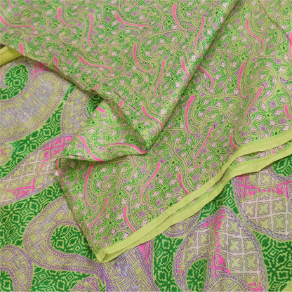 Sanskriti Vintage Sarees Green/Pink Pure Silk Printed Sari 6+yd Craft Fabric