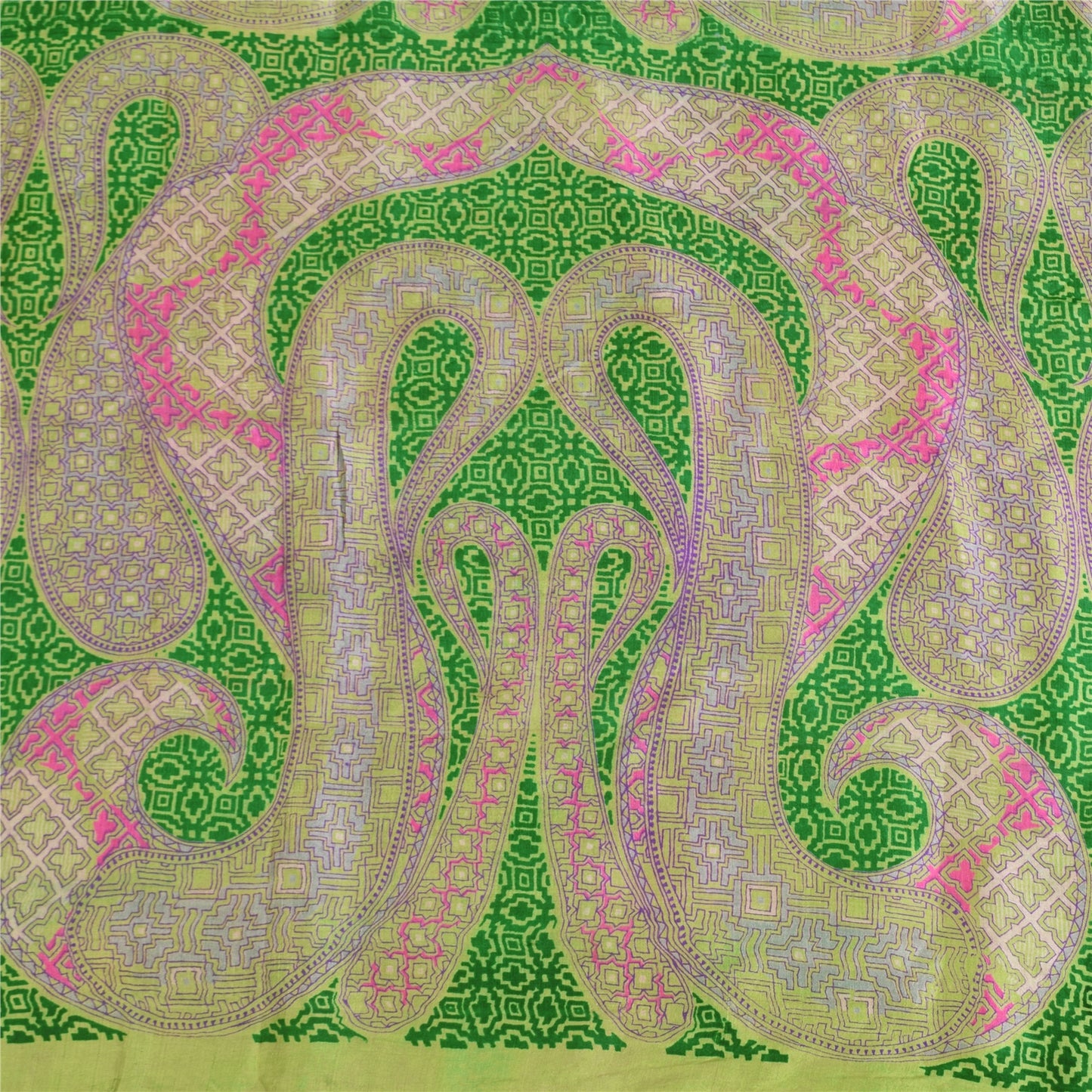 Sanskriti Vintage Sarees Green/Pink Pure Silk Printed Sari 6+yd Craft Fabric