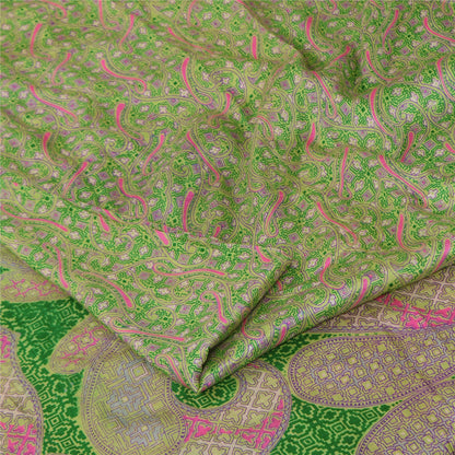 Sanskriti Vintage Sarees Green/Pink Pure Silk Printed Sari 6+yd Craft Fabric