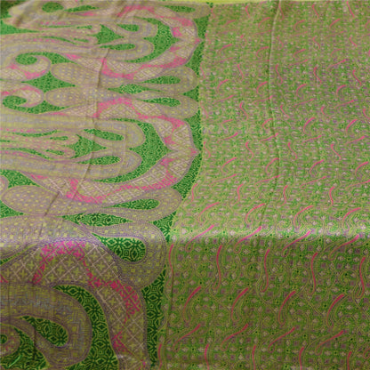 Sanskriti Vintage Sarees Green/Pink Pure Silk Printed Sari 6+yd Craft Fabric