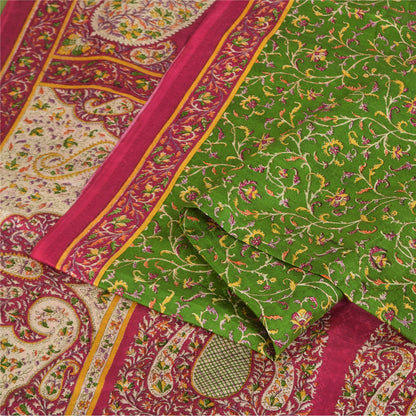 Sanskriti Vintage Sarees Green 100% Pure Silk Printed Sari 6+yd Craft Fabric