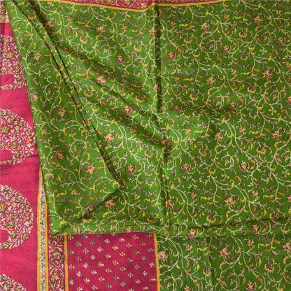 Sanskriti Vintage Sarees Green 100% Pure Silk Printed Sari 6+yd Craft Fabric