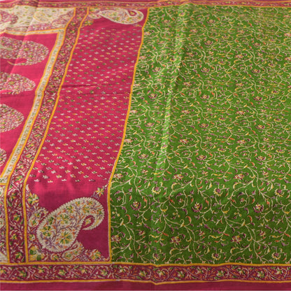 Sanskriti Vintage Sarees Green 100% Pure Silk Printed Sari 6+yd Craft Fabric