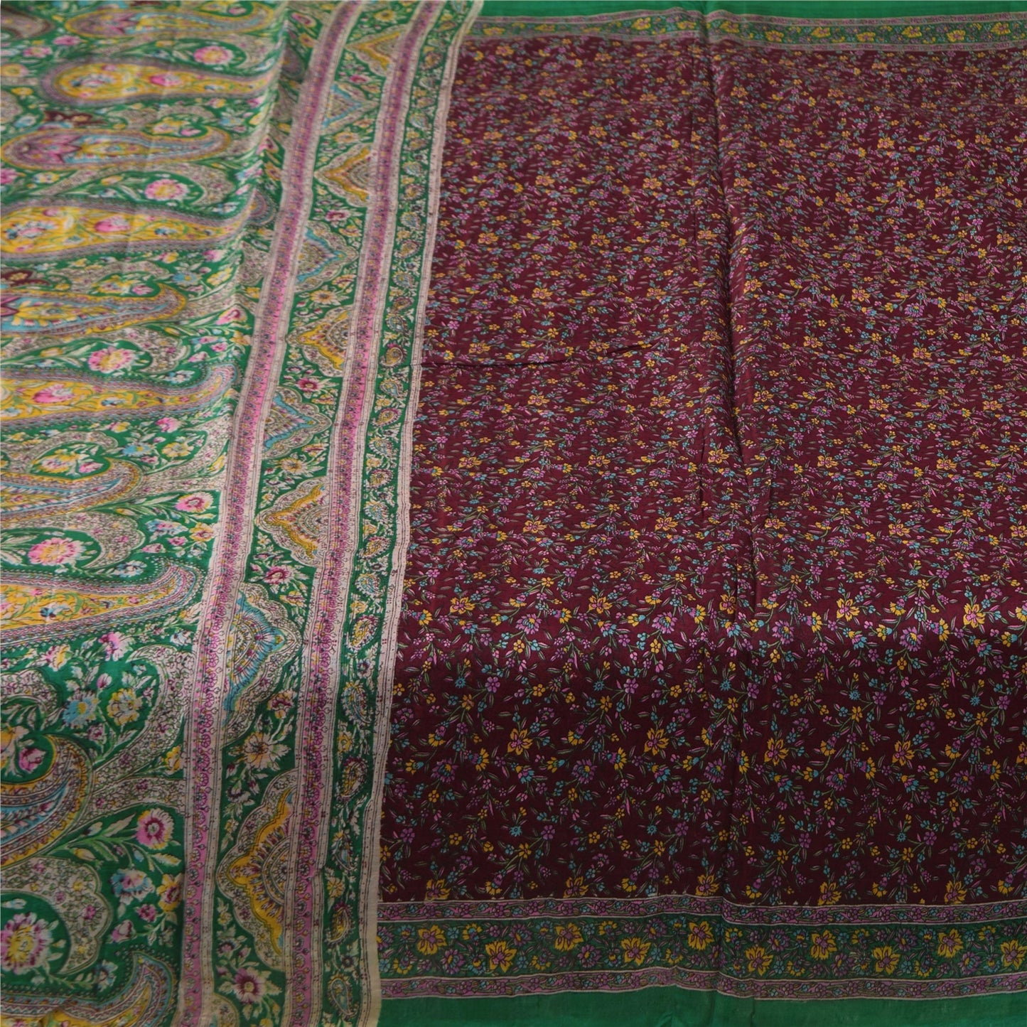 Sanskriti Vintage Sarees Dark Red 100% Pure Silk Printed Sari 6+yd Craft Fabric