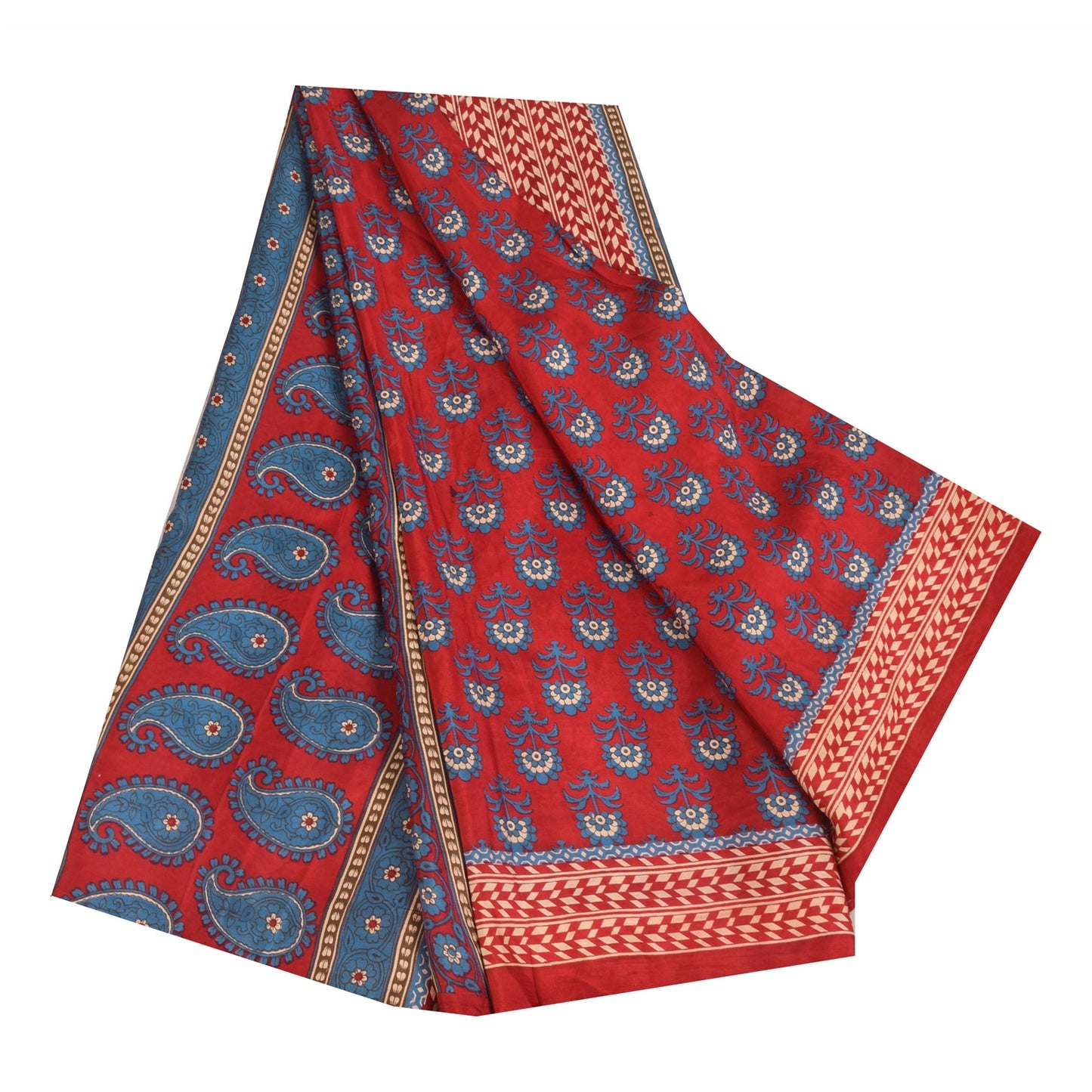 Sanskriti Vintage Sarees Red/Blue 100% Pure Silk Printed Sari 5+yd Craft Fabric