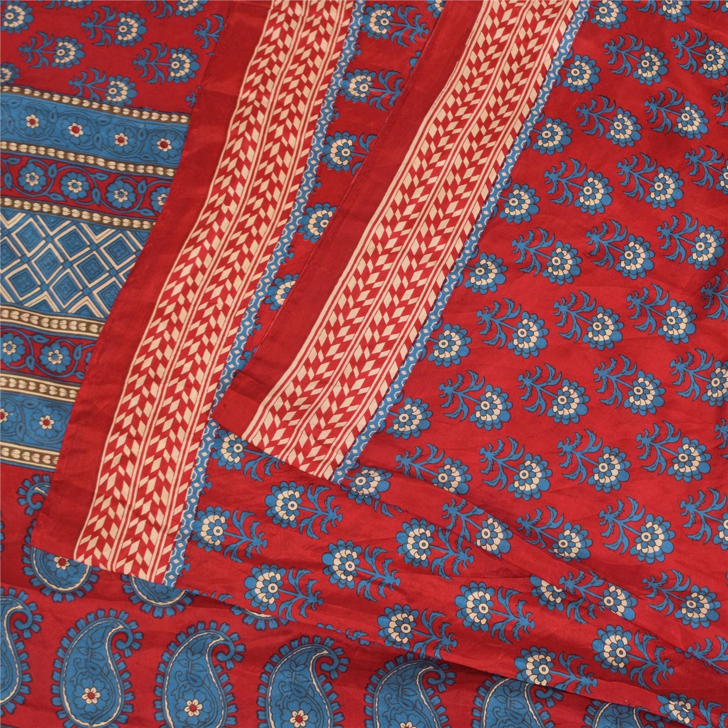 Sanskriti Vintage Sarees Red/Blue 100% Pure Silk Printed Sari 5+yd Craft Fabric