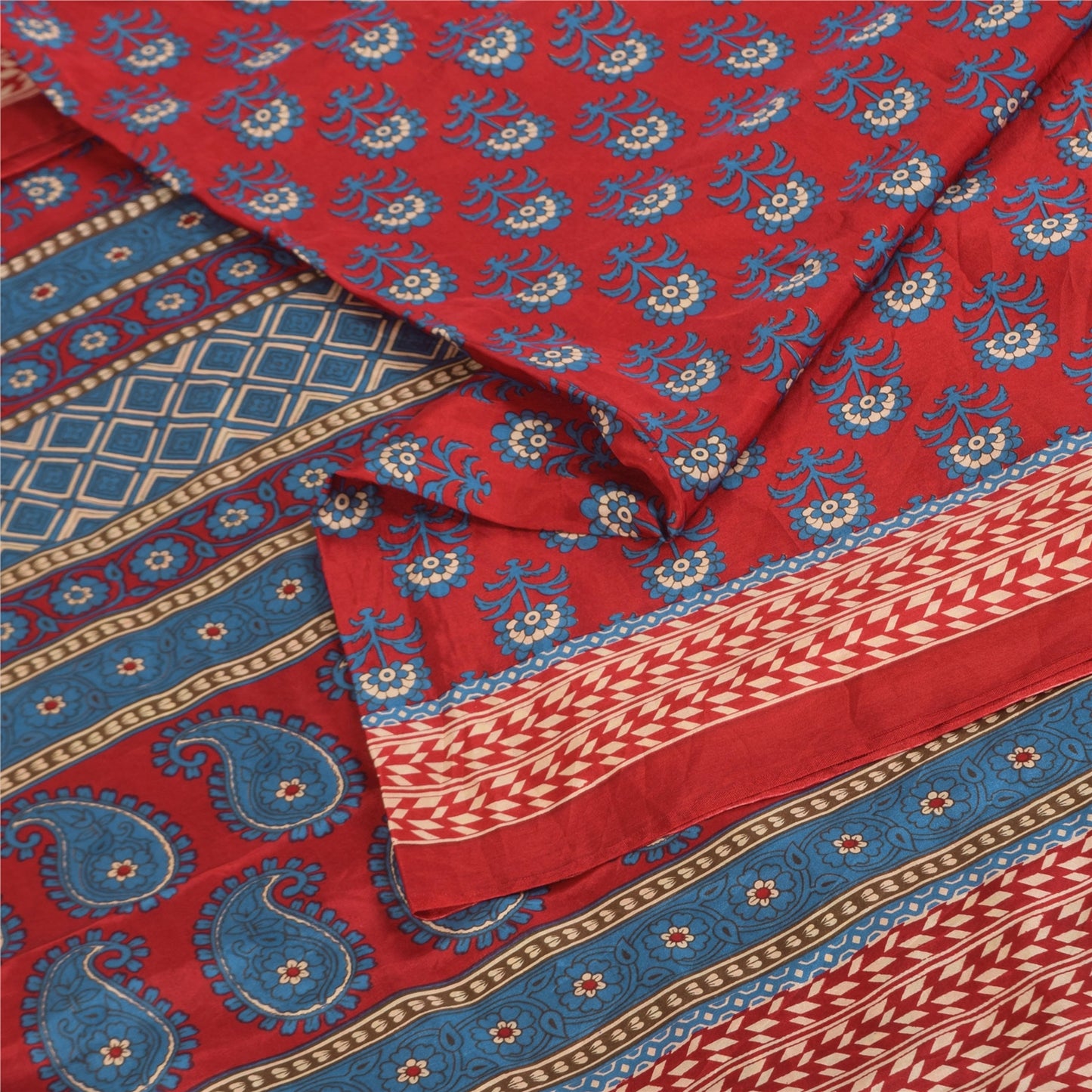 Sanskriti Vintage Sarees Red/Blue 100% Pure Silk Printed Sari 5+yd Craft Fabric