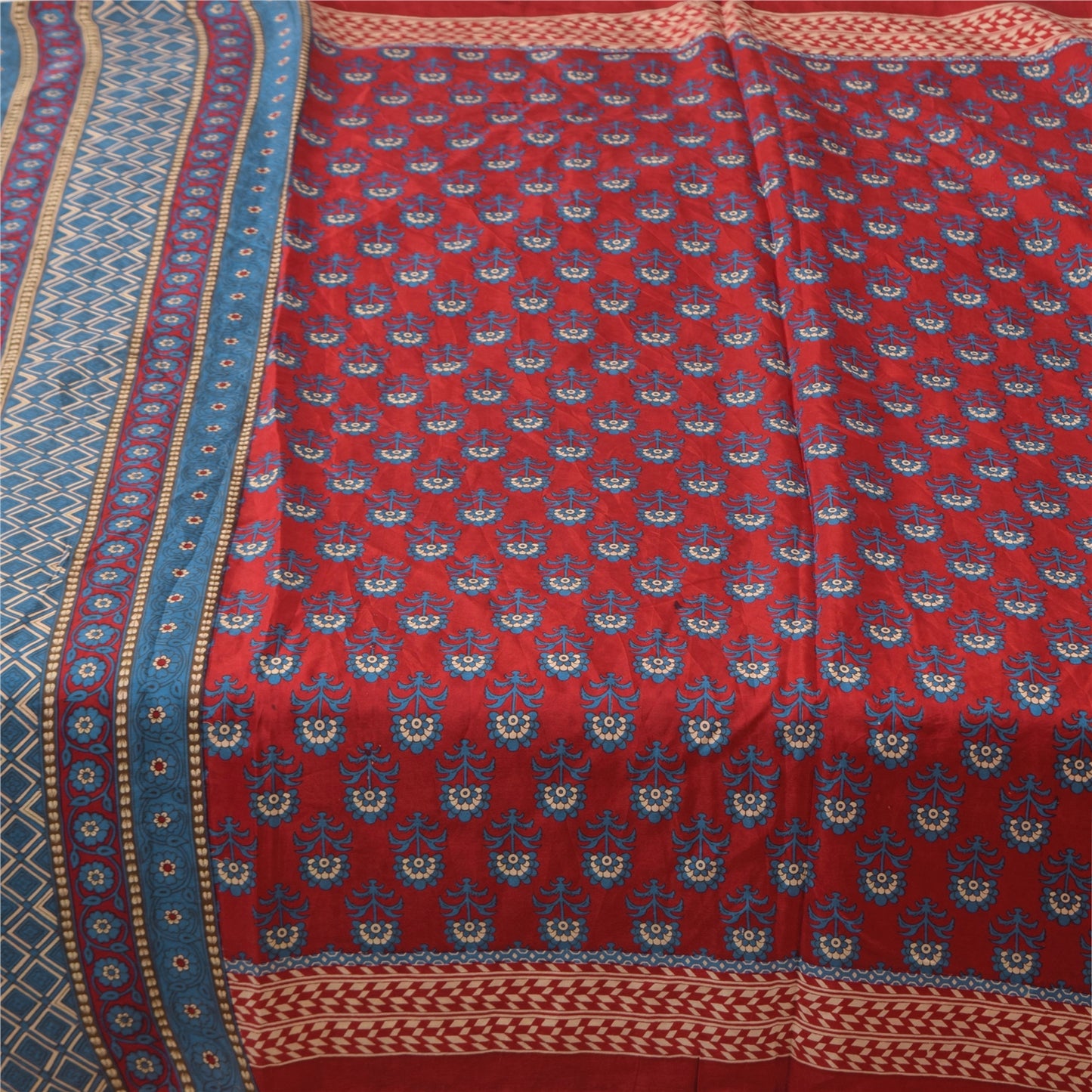 Sanskriti Vintage Sarees Red/Blue 100% Pure Silk Printed Sari 5+yd Craft Fabric