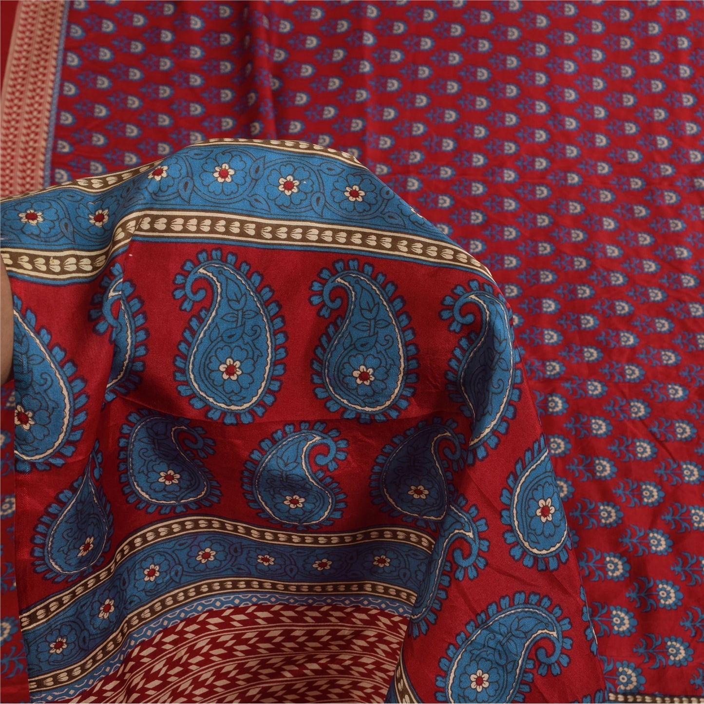 Sanskriti Vintage Sarees Red/Blue 100% Pure Silk Printed Sari 5+yd Craft Fabric