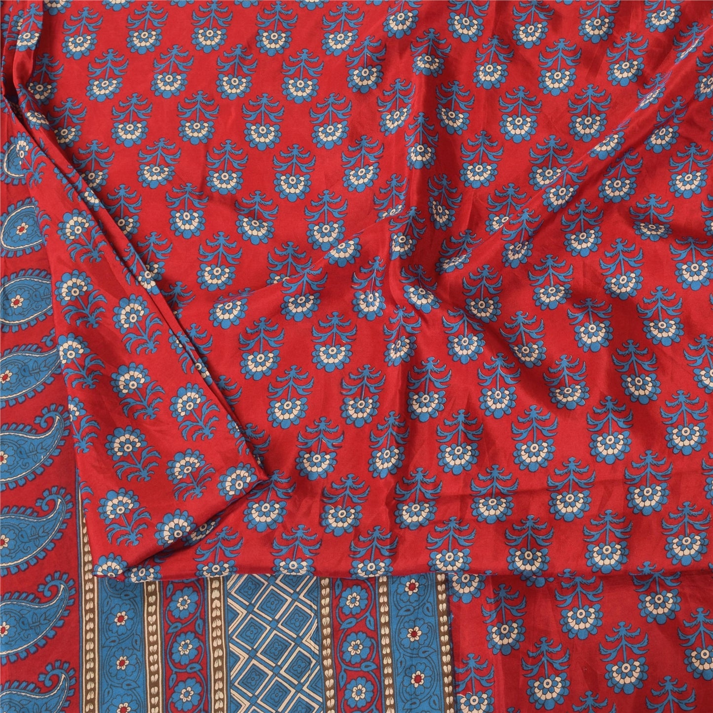 Sanskriti Vintage Sarees Red/Blue 100% Pure Silk Printed Sari 5+yd Craft Fabric