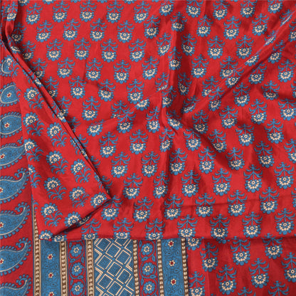 Sanskriti Vintage Sarees Red/Blue 100% Pure Silk Printed Sari 5+yd Craft Fabric