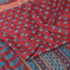 Sanskriti Vintage Sarees Red/Blue 100% Pure Silk Printed Sari 5+yd Craft Fabric