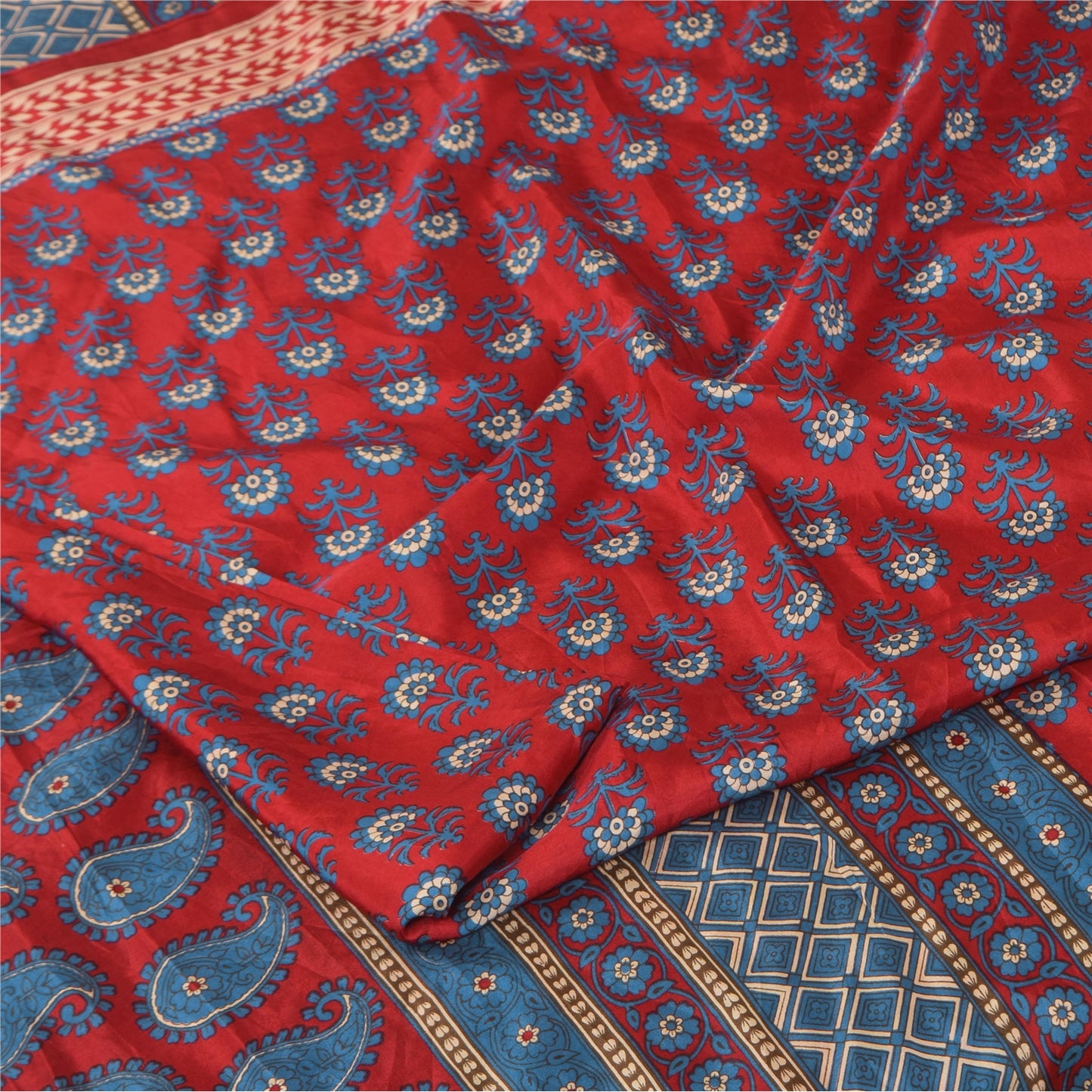 Sanskriti Vintage Sarees Red/Blue 100% Pure Silk Printed Sari 5+yd Craft Fabric