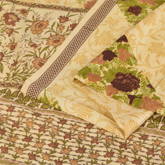 Sanskriti Vintage Sarees Cream Indian Pure Silk Printed Sari 5+yd Craft Fabric