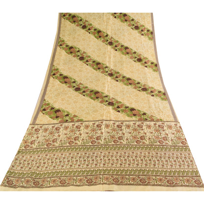 Sanskriti Vintage Sarees Cream Indian Pure Silk Printed Sari 5+yd Craft Fabric