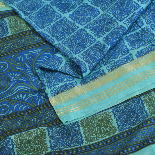 Sanskriti Vintage Sarees Blue Zari Border Pure Silk Print Sari 5+yd Craft Fabric