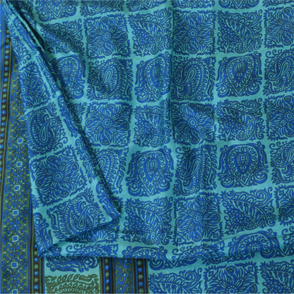 Sanskriti Vintage Sarees Blue Zari Border Pure Silk Print Sari 5+yd Craft Fabric