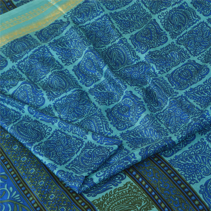 Sanskriti Vintage Sarees Blue Zari Border Pure Silk Print Sari 5+yd Craft Fabric