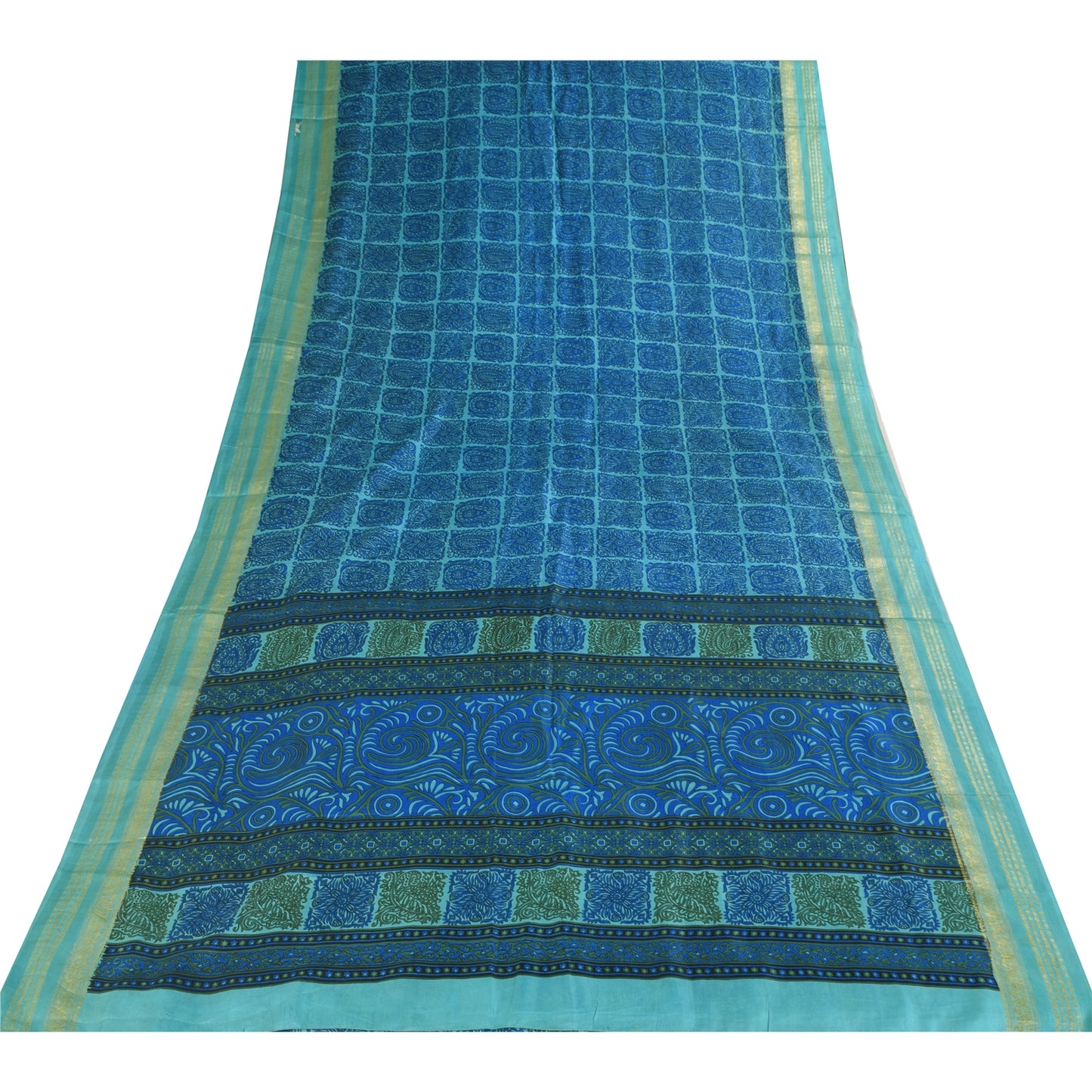 Sanskriti Vintage Sarees Blue Zari Border Pure Silk Print Sari 5+yd Craft Fabric